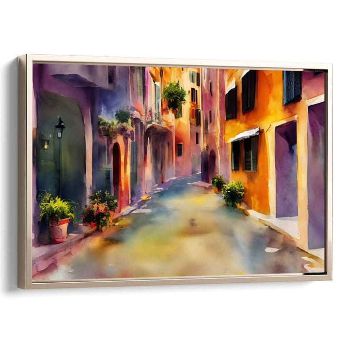 Sunlit Italian Alley: Watercolor Impressionist Village Street Scene