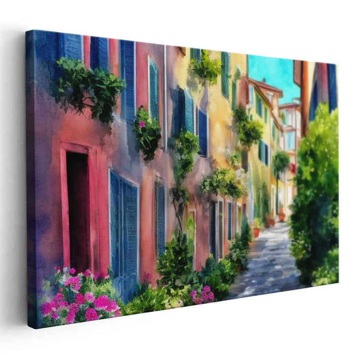 Charming European Alley: Impressionist-Style Colorful Street Scene Canvas Art