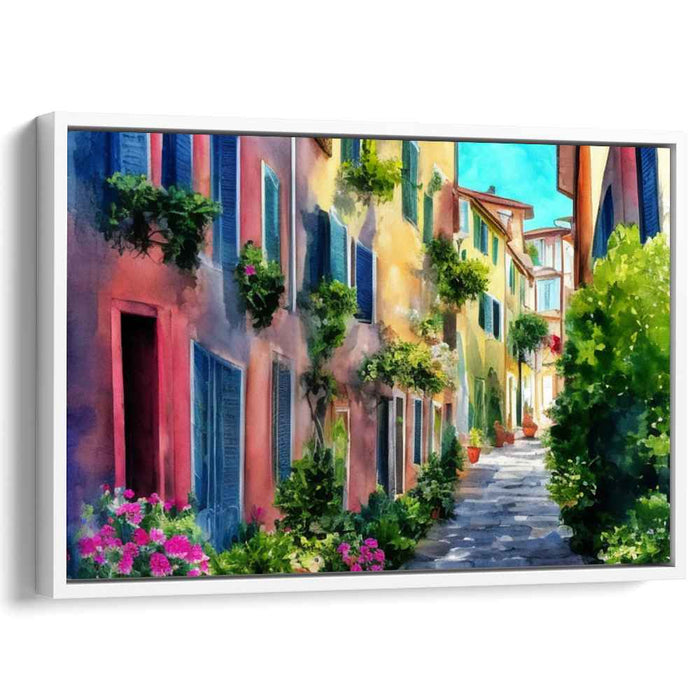 Charming European Alley: Impressionist-Style Colorful Street Scene Canvas Art