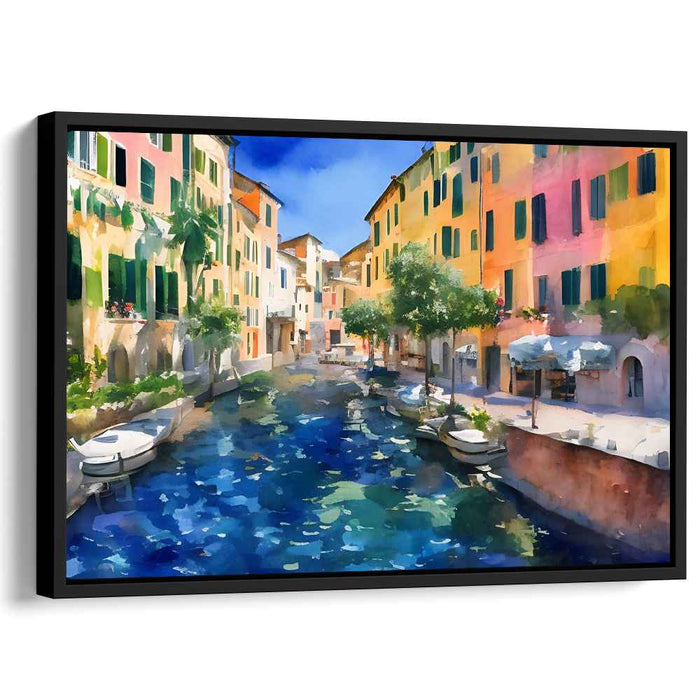 Serene Canal in Colorful Village: Impressionist Water Reflections Canvas Art