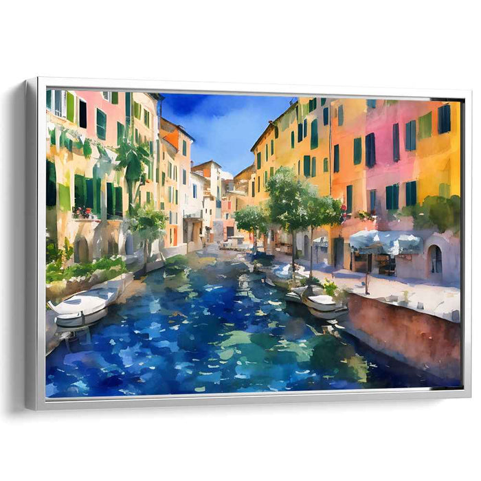 Serene Canal in Colorful Village: Impressionist Water Reflections Canvas Art