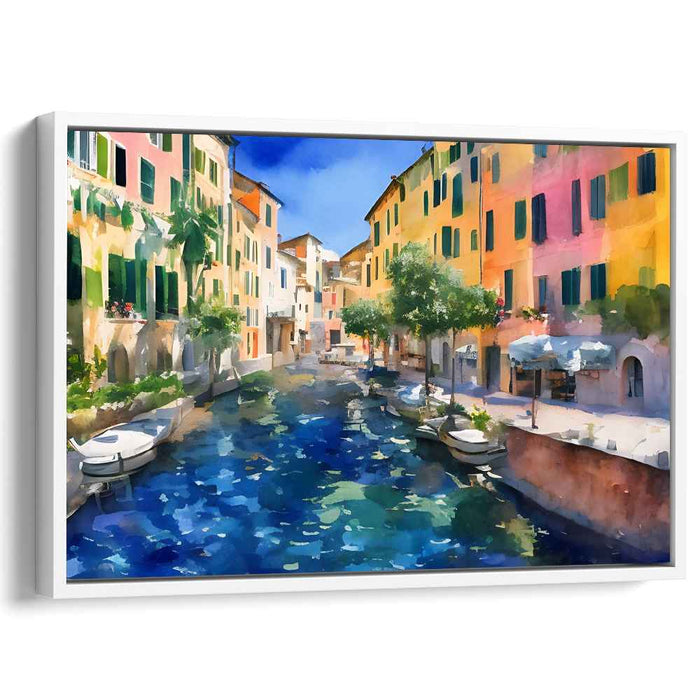 Serene Canal in Colorful Village: Impressionist Water Reflections Canvas Art