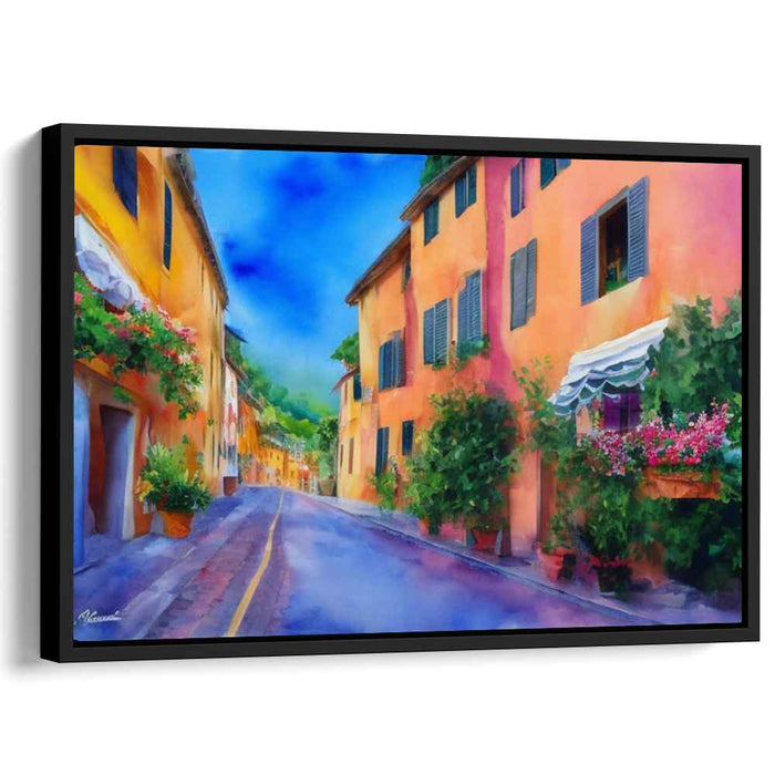 Rainbow Cobblestone Lane: Watercolor Village Street Canvas Art Print