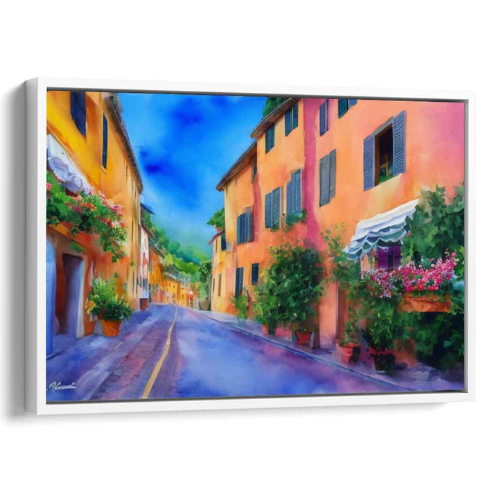 Rainbow Cobblestone Lane: Watercolor Village Street Canvas Art Print
