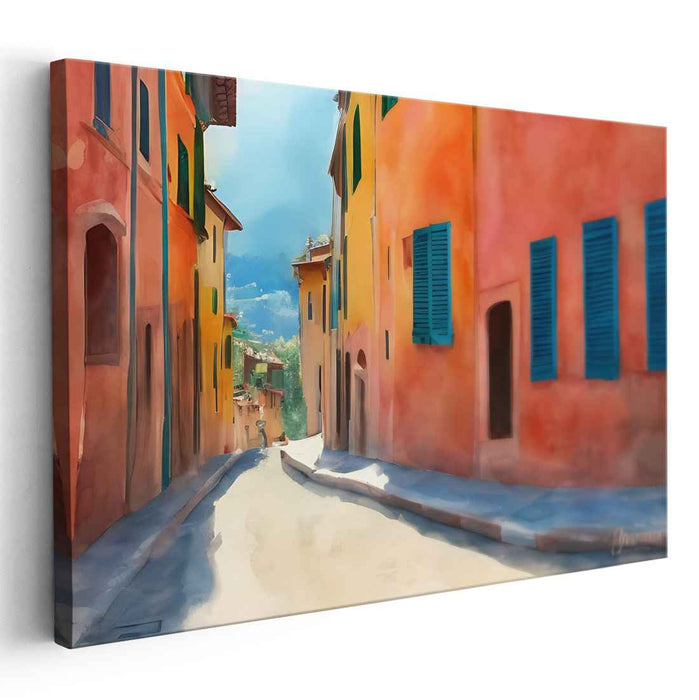 Cobblestone Coastal Charm: A Vibrant Mediterranean Street Scene Canvas Art