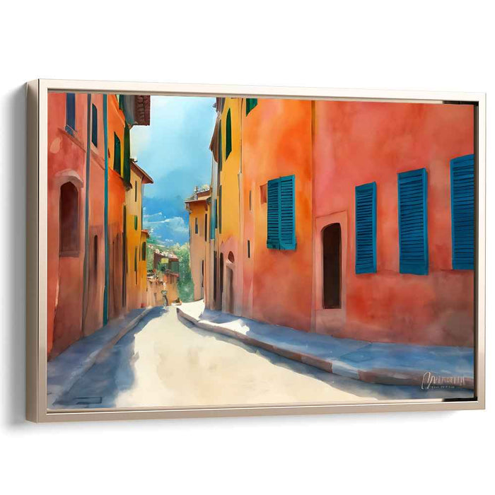 Cobblestone Coastal Charm: A Vibrant Mediterranean Street Scene Canvas Art