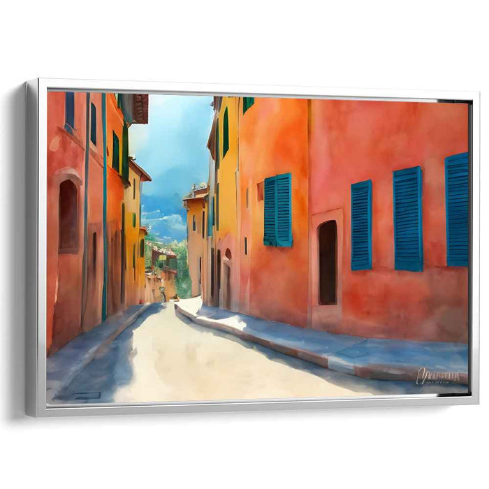 Cobblestone Coastal Charm: A Vibrant Mediterranean Street Scene Canvas Art