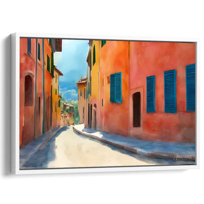 Cobblestone Coastal Charm: A Vibrant Mediterranean Street Scene Canvas Art