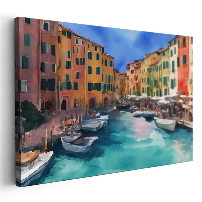 Aquatint Shoreside Haven: Watercolor Coastal Village Scene