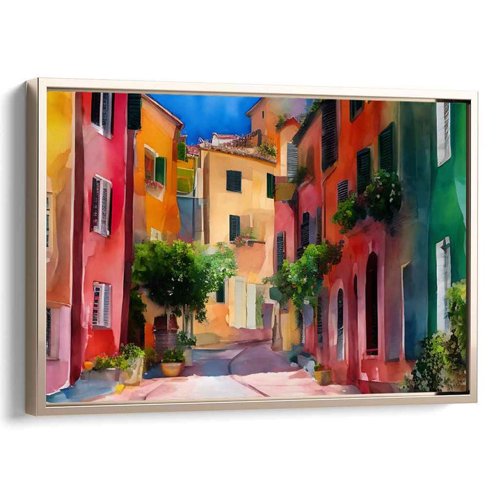 Pigment Pathway: Vibrant Village Street Watercolor Canvas Art Print