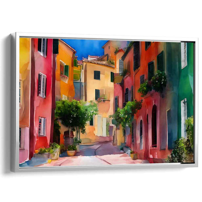 Pigment Pathway: Vibrant Village Street Watercolor Canvas Art Print