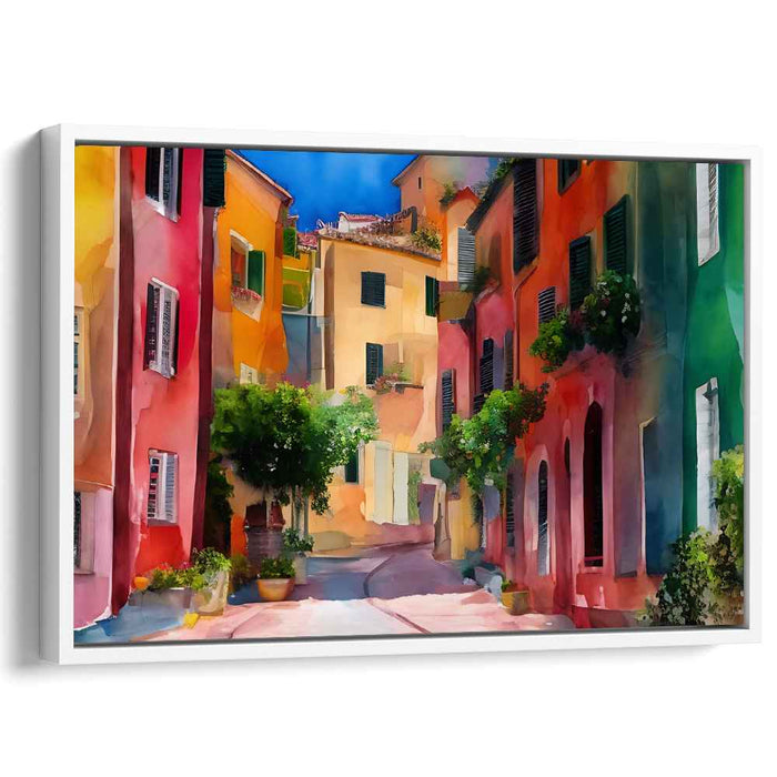 Pigment Pathway: Vibrant Village Street Watercolor Canvas Art Print