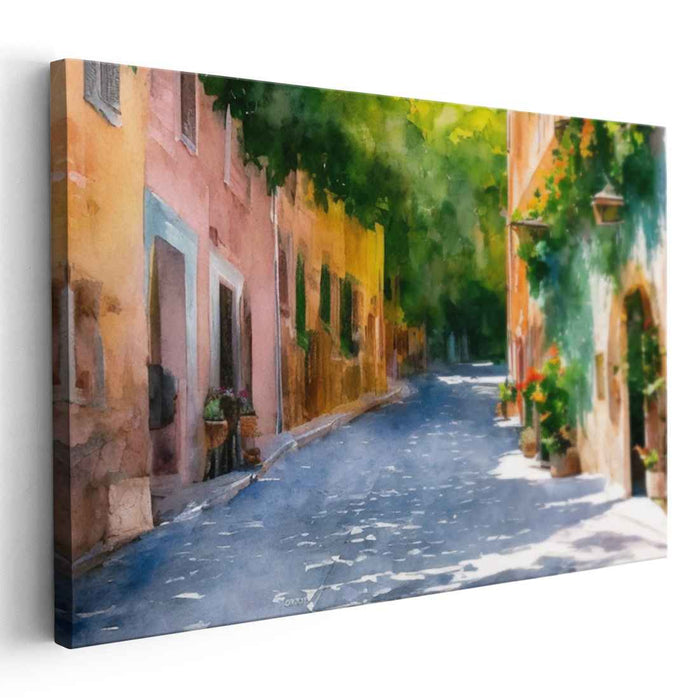 Serene Sunlit Street: European Village Watercolor Canvas Art Print
