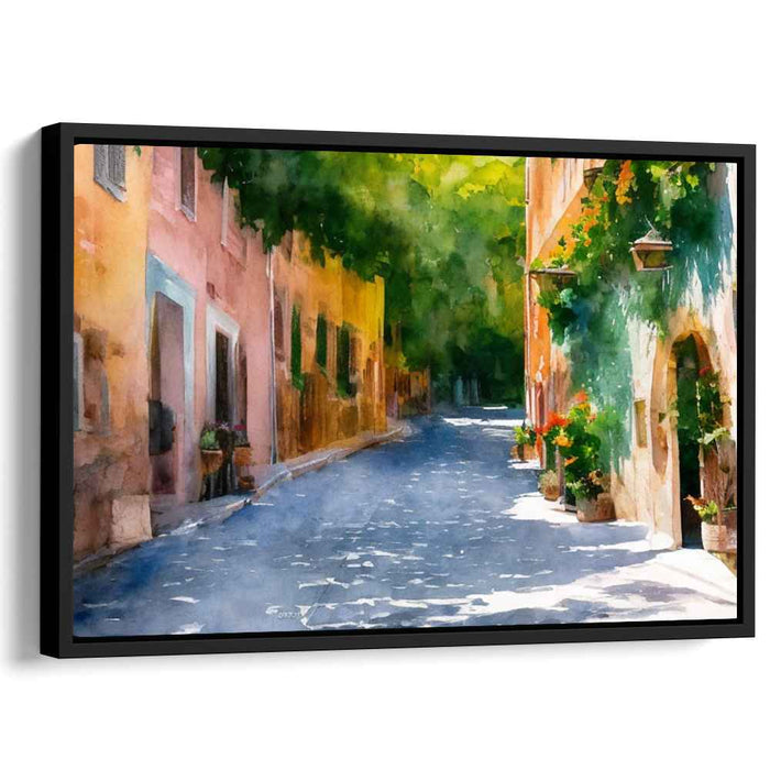 Serene Sunlit Street: European Village Watercolor Canvas Art Print