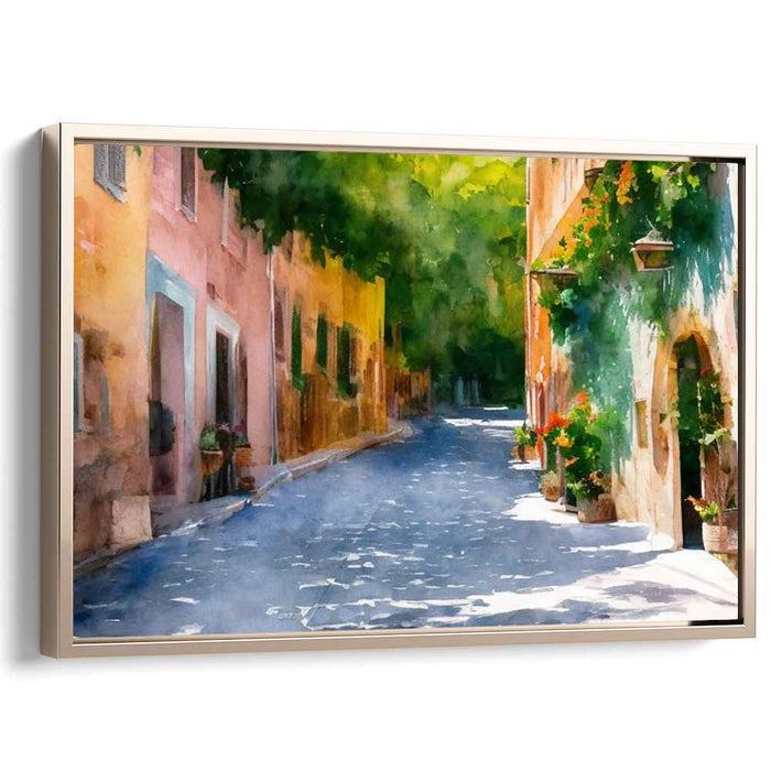 Serene Sunlit Street: European Village Watercolor Canvas Art Print