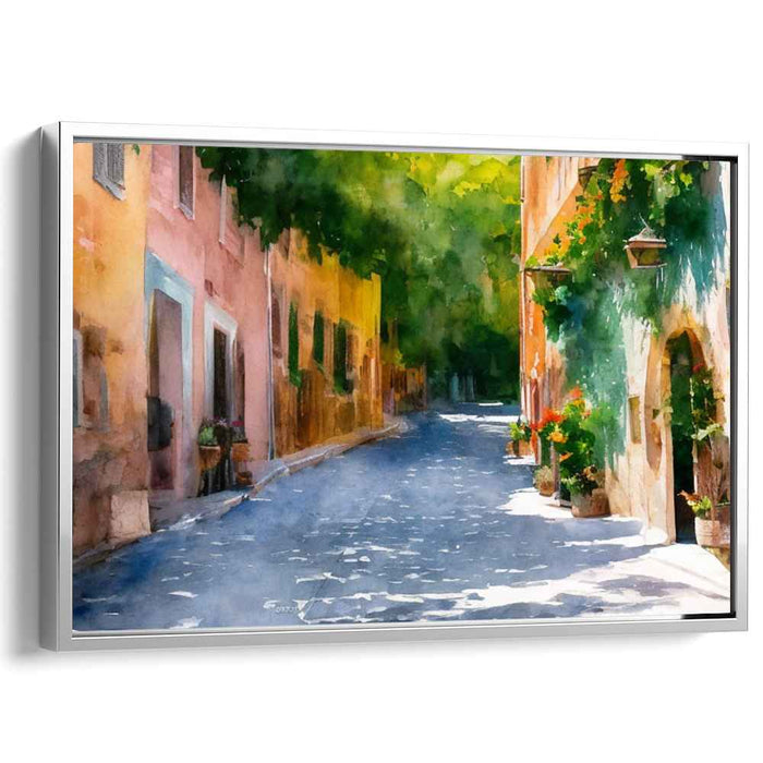 Serene Sunlit Street: European Village Watercolor Canvas Art Print