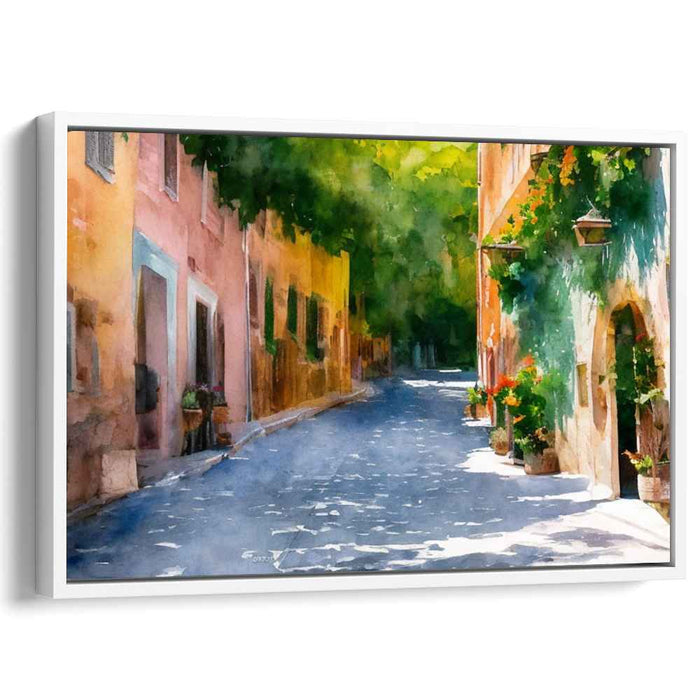 Serene Sunlit Street: European Village Watercolor Canvas Art Print
