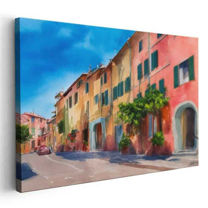 Sunlit Mediterranean Street: Watercolor Charm on Canvas