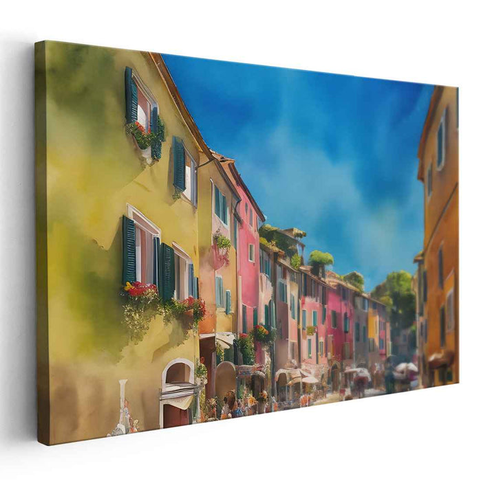 Pavement Melody: Mediterranean Village Street Scene Canvas Art