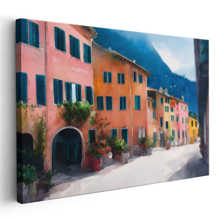 Tranquil Italian Village: Pastel Watercolor Street Scene Canvas Art Print