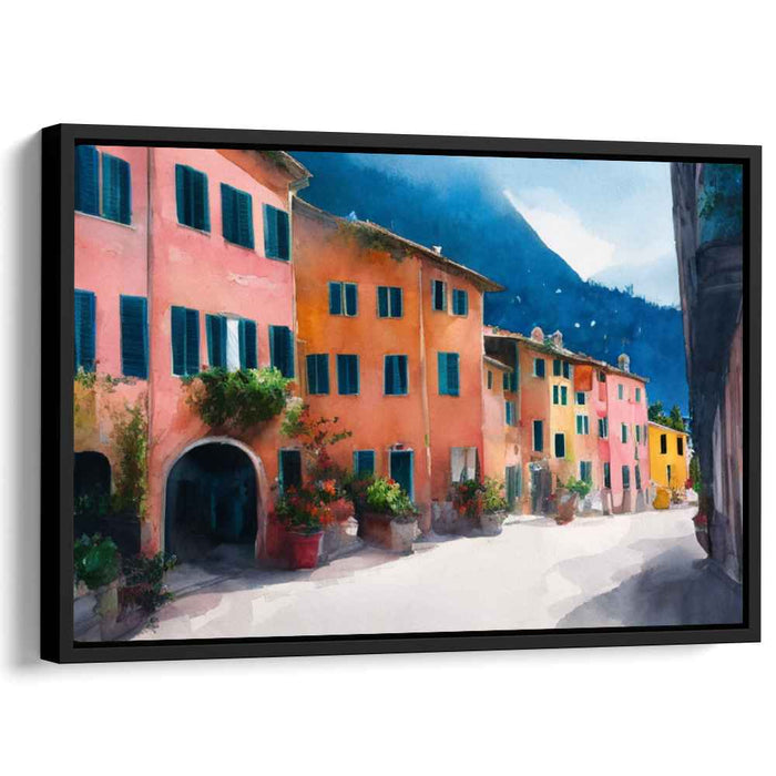 Tranquil Italian Village: Pastel Watercolor Street Scene Canvas Art Print