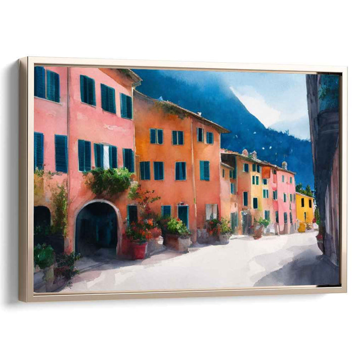 Tranquil Italian Village: Pastel Watercolor Street Scene Canvas Art Print