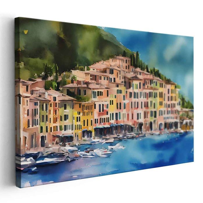 Aquatic Hamlet Impressions: Vibrant Waterfront Village Watercolor Canvas Art