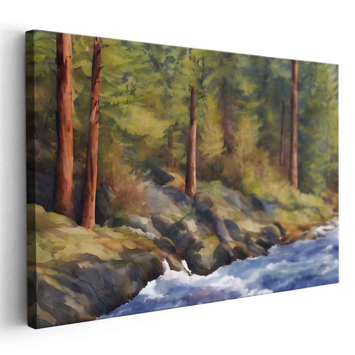 Silent Forest Tranquility: Tranquil River and Forest Canvas Art