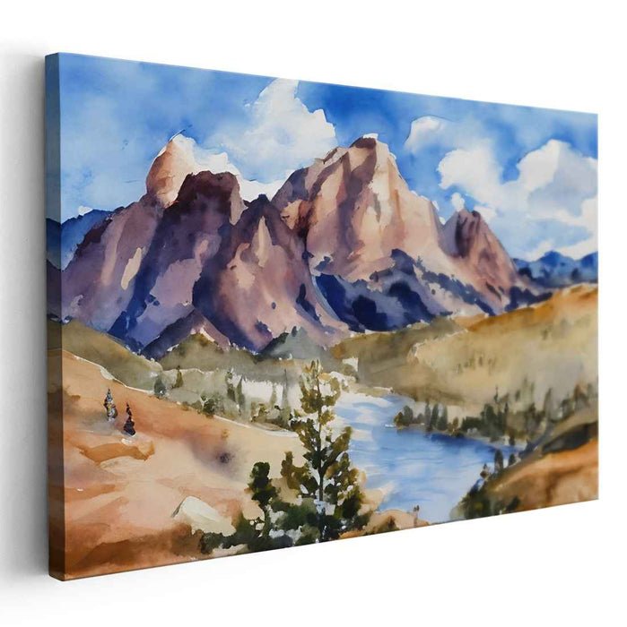 Tranquil Oasis Glimpse: Serene Watercolor Landscape Canvas Art