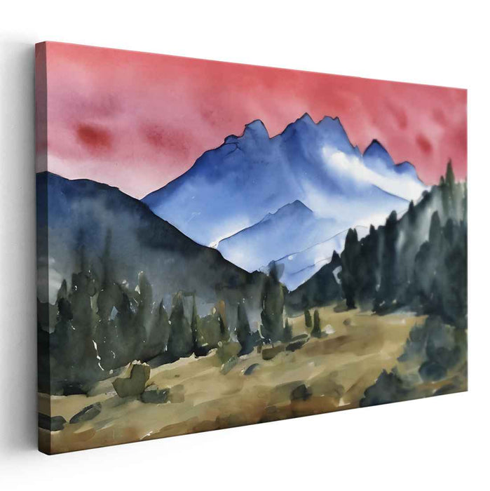 Azure Peak Symphony: Majestic Mountain Landscape Watercolor Painting