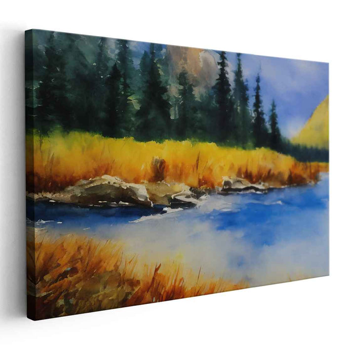 Tranquil Riverside Reverie: Serene Watercolor Landscape Art