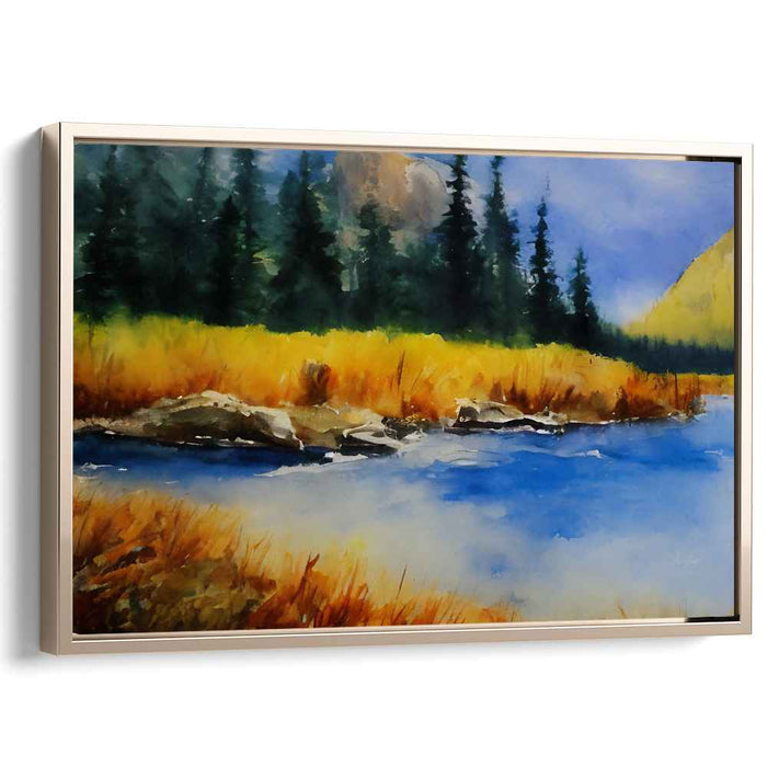 Tranquil Riverside Reverie: Serene Watercolor Landscape Art