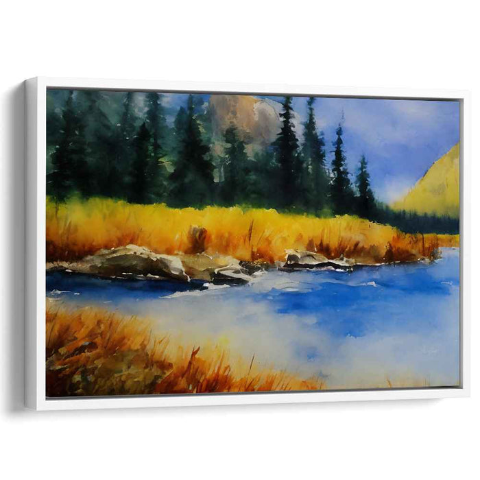 Tranquil Riverside Reverie: Serene Watercolor Landscape Art