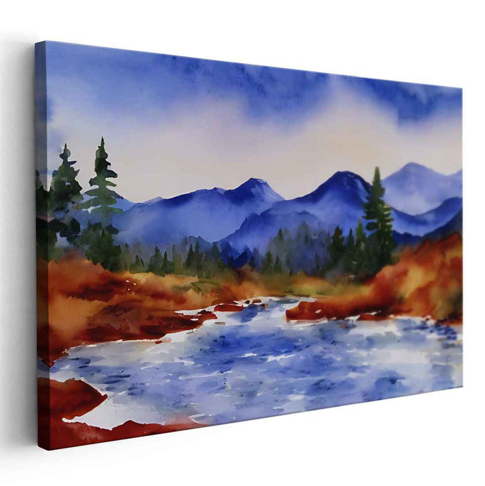 Whispers of Aquamarine Sky: Tranquil Blue and Orange Watercolor Landscape