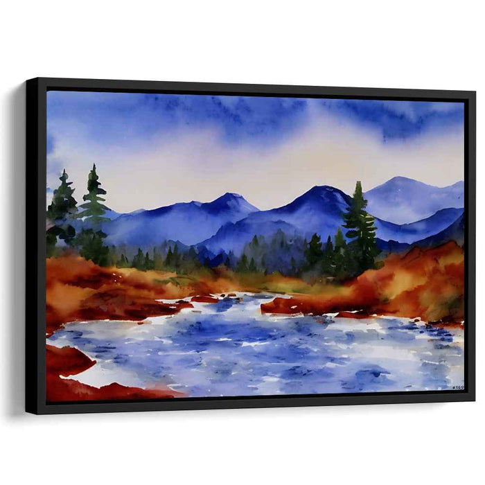 Whispers of Aquamarine Sky: Tranquil Blue and Orange Watercolor Landscape