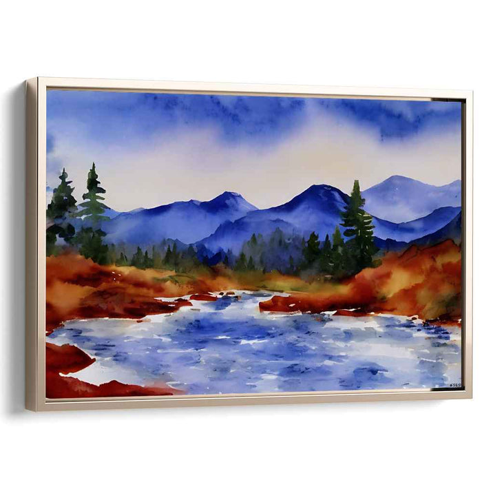 Whispers of Aquamarine Sky: Tranquil Blue and Orange Watercolor Landscape