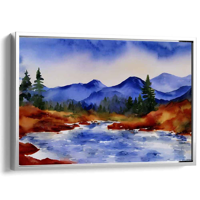 Whispers of Aquamarine Sky: Tranquil Blue and Orange Watercolor Landscape