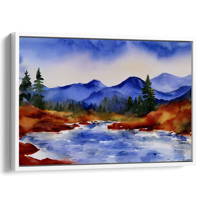 Whispers of Aquamarine Sky: Tranquil Blue and Orange Watercolor Landscape