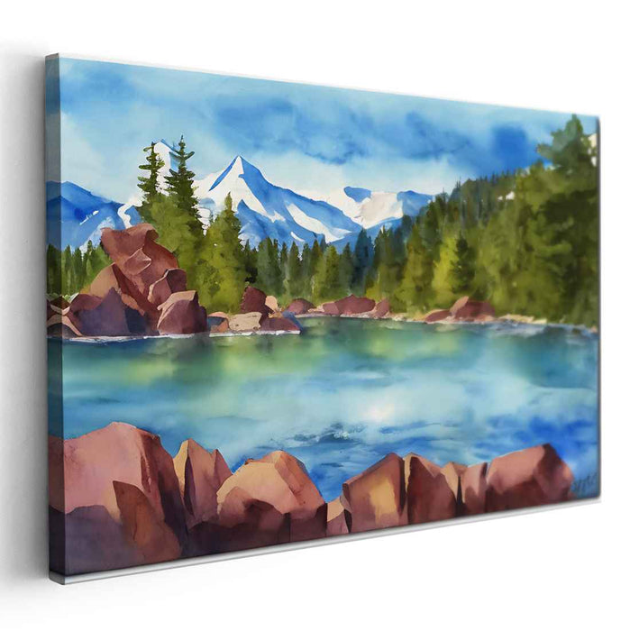 Tranquil Alpenglow Reflections: Serene Mountain Lake Watercolor Landscape