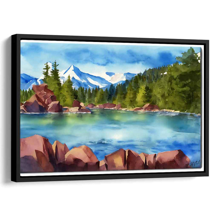 Tranquil Alpenglow Reflections: Serene Mountain Lake Watercolor Landscape