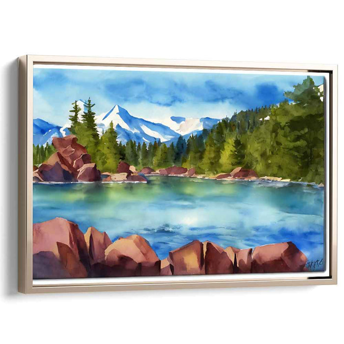 Tranquil Alpenglow Reflections: Serene Mountain Lake Watercolor Landscape