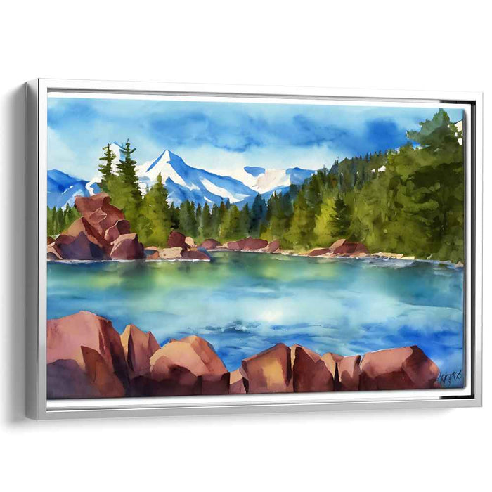 Tranquil Alpenglow Reflections: Serene Mountain Lake Watercolor Landscape