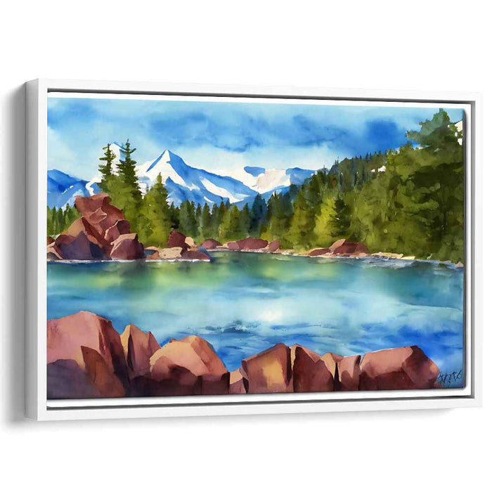 Tranquil Alpenglow Reflections: Serene Mountain Lake Watercolor Landscape