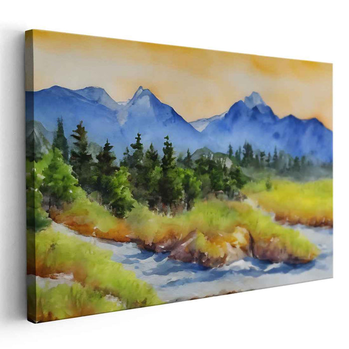 Tranquil Watercolor Whisper: Serene Watercolor Landscape Canvas Art Print