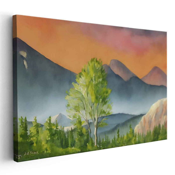 Silent Peak Sentinel: Watercolor Mountain Landscape with Majestic Tree