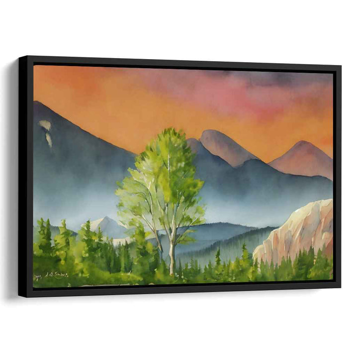 Silent Peak Sentinel: Watercolor Mountain Landscape with Majestic Tree