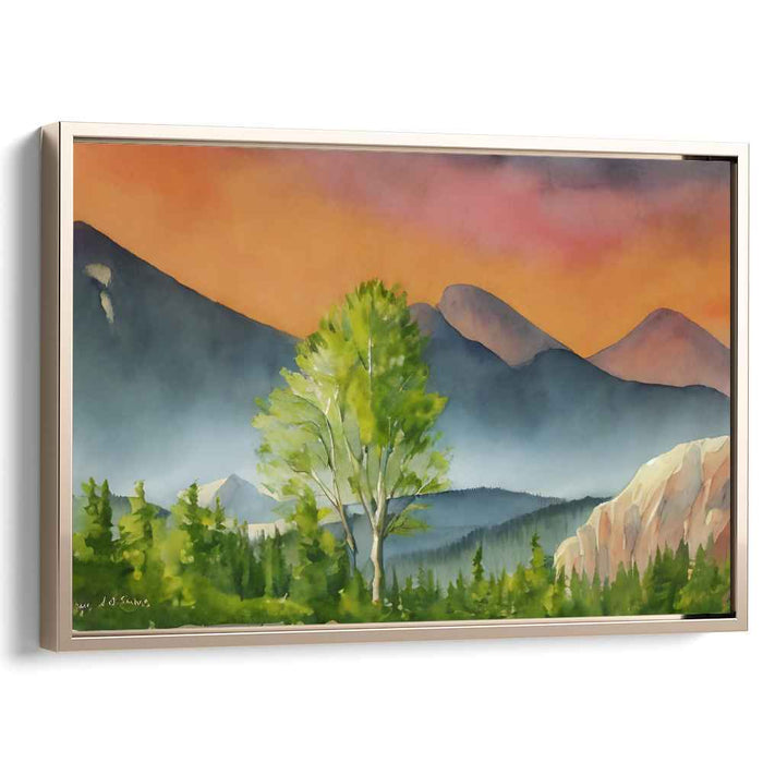 Silent Peak Sentinel: Watercolor Mountain Landscape with Majestic Tree