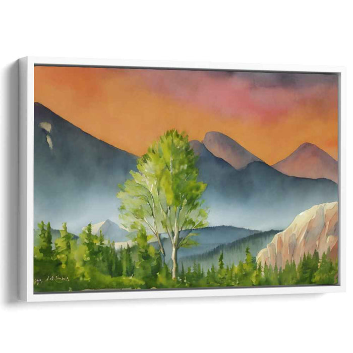 Silent Peak Sentinel: Watercolor Mountain Landscape with Majestic Tree