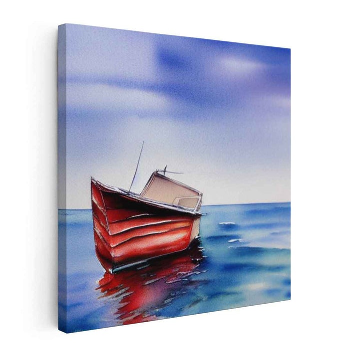 Crimson Voyage Serenity: Realistic Impressionist Red Boat on Calm Waters Canvas Art Print