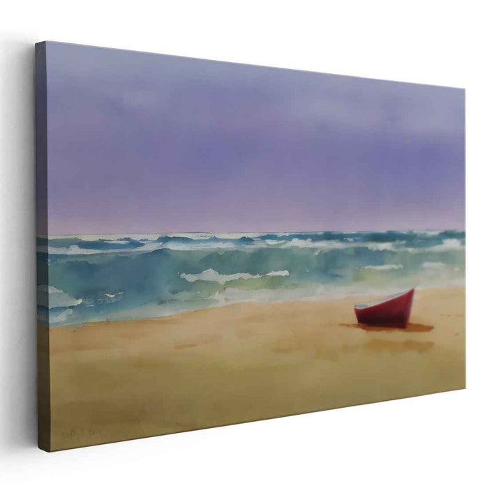 Crimson Tide Reflections: Tranquil Beach with Red Boat Canvas Art Print
